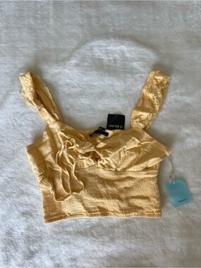 Forever 21 Pale Yellow Lace-Trim Smocked Crop Top